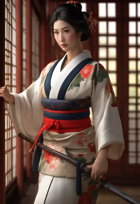 girl, traditional japanese, standing up, looking to the camera, photo realistic render, samourai era, traditionnal japanese construction background, wearing traditional women samourai clothes, ethno