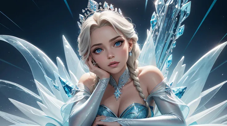 master part, Elsa (congelado), (1girl:1.1),(extremamente detalhado:1.2), super HD, 8k, (intrincate details:0.8), hyper realistic, foto profissional, excepcional, corpo inteiro, vista de longe, sentada em um trono real feito de cristais, pernas cruzadas, Bo...