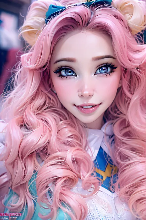 belle delphine vestida con un disfraz de super girl piel blanca, ojos azules, cabello largo y rosa, hermosa sonrisa, ojos grande...