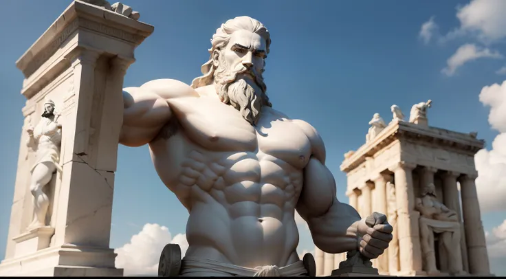 Statue of a strong man with shirtless beard, preto e branco realista, estoicismo, poses estoicas, Ancient Greece, atitude estoica, pose estoica