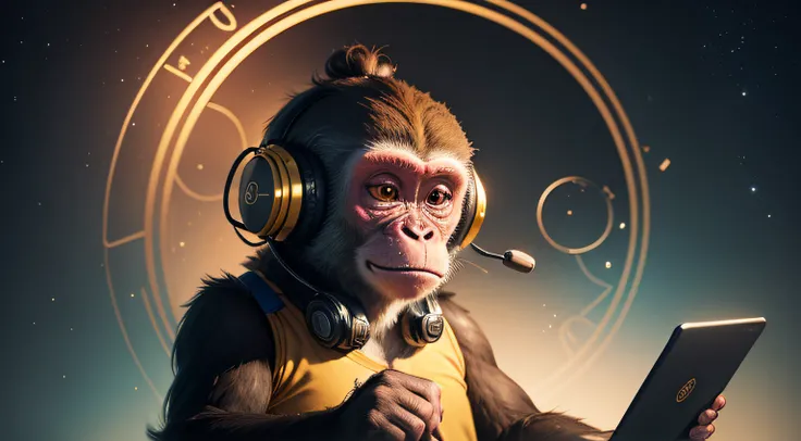 Monkey with a headset on it head, inspiring, more monkey features, golden ratio, fibbonacci, masterpiece, universe, artwork, mysterious, magic circles, gaming