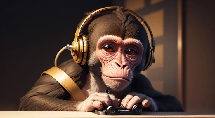 Monkey with a headset on it head, inspiring, more monkey features, golden ratio, fibbonacci, masterpiece, universe, artwork, mysterious, magic circles, gaming