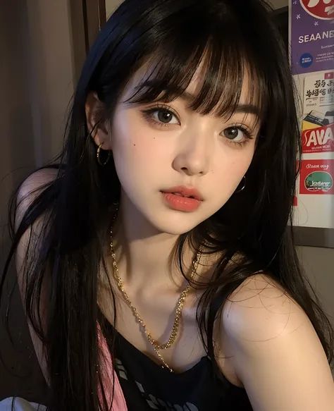 Araffe Asian woman with long black hair and a necklace, Ela tem cabelo preto com franja, Ulzzang, cabelo preto longo com franja, maquiagem sul-coreana popular, com franja completa, Franja reta longa, cabelo blackbangs cabelo, com franja, menina coreana, ma...