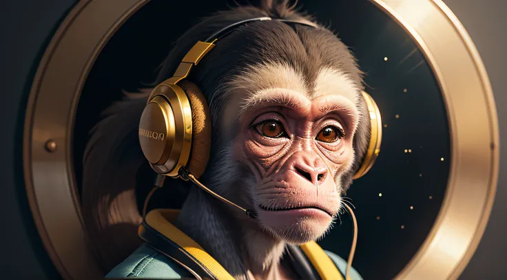 Monkey with a headset on it head, inspiring, more monkey features, golden ratio, fibbonacci, masterpiece, universe, artwork, mysterious