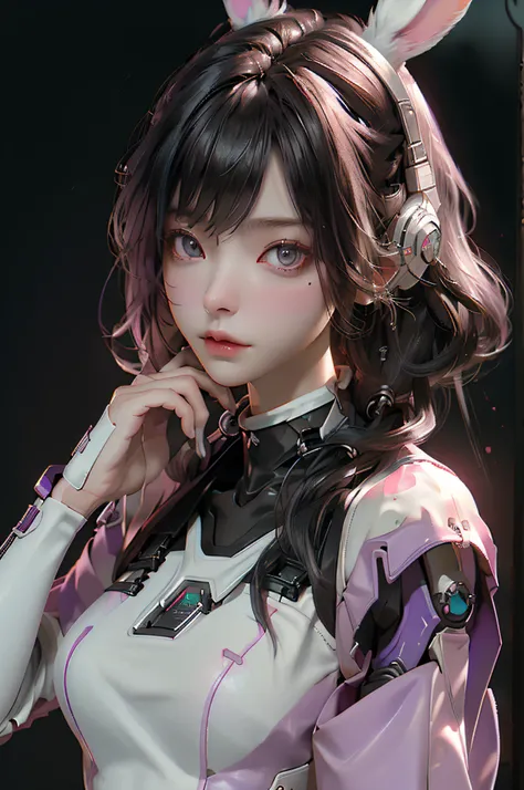 （Theme colorPink）、((best qualtiy)),Cyborg style cyborg girl，Brown hair and purple，Short hairstyles，Wear headphones in the shape of rabbit ears and a gas mask，There is a green light on the surface of the gas mask，Dressed in a white suit，The clothes have a l...