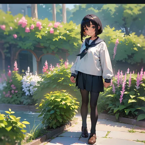 (Best Quality, hight resolution, Ultra-detailed, Realistic:1.37), peaceful ambiance, (plein air, garden), Teenage girl standing alone, Beautiful detailed features, Cute smile, ((Black bob hair)),Navy blue sailor suit, Pleated skirt,Black tights,Brown leath...