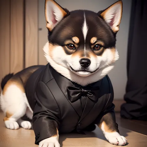 shiba inu dog, black eyes, a dog sitting down,smile, wearing a black suit, black tie, hyper realistic