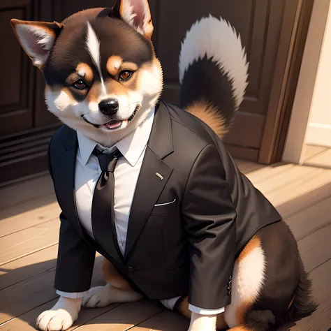 shiba inu dog, black eyes, a dog sitting down,smile, wearing a black suit, black tie, hyper realistic