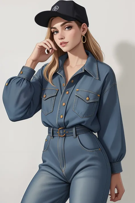 Oversized, extravagante, cortes e tecidos diferentes, denim jumpsuits, Caps, casacos e estampados.anos 90, 1990s vibes, 1 9 9 0 s, Estilo dos anos 1990 uma muher branca , loura, imagem de ,corpo inteiro, cabelo estiloso caindo para a frente, Tipo Winona Ry...