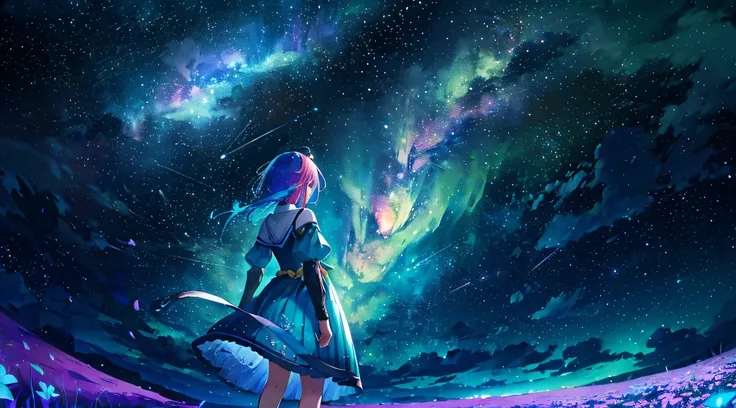 1girl, distant girl, rainbow colored hair, wearing a teal dress armor, staring at the stars, (zoomed out:1.1), (meteor shower:1.2), (comet:1.1), low angle, from behind, aurora borealis, shooting star, surrounded by flowers petals, standing in a field, best...