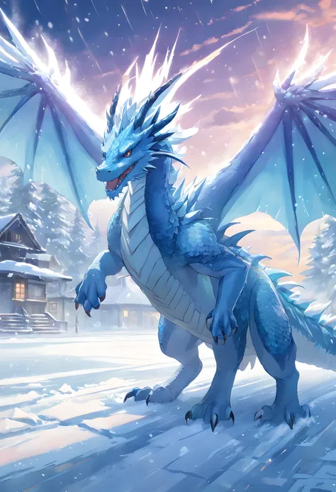 frost dragon, Escamas brancas de neve, Majestoso e majestoso, icy breath, Ambientes frios, massive wings, On the ground covered with snow and ice, Expelling cold dragon breath