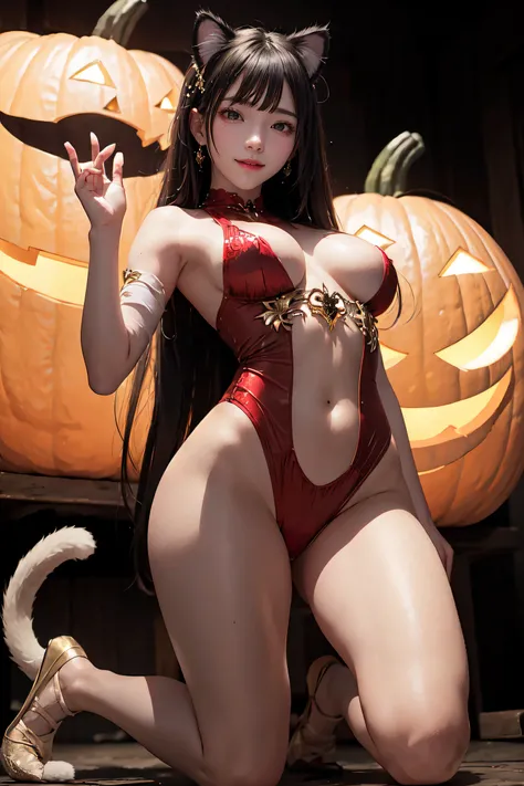 masterpiece, top-quality, top-quality, Beautifully Aesthetic:1.2, 1girl, Halloween night, ((Wearing a high-quality cat costume)), high detailed, ((Red eyes:1.8)), (kneeling with cat pose:1.1), large breasts, firm breast, nicely shaped breasts, slender figu...