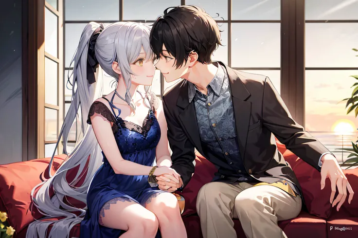 1 brown-eyed male boy with short black hair in full spring suit and 1 long curly and messy wavy silver hair high ponytail yellow eyes writhing girl in full spring dress juliet long slevess smiling, (Boy with girl smiling), (Boy with girl smiling and lovili...