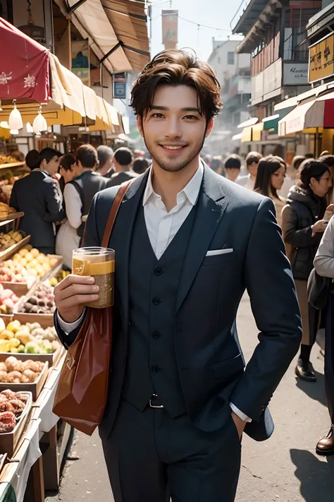 A handsome guy with a charming smile, dressed in a stylish suit, confidently selling his unique creations in a bustling market. The market is filled with vibrant colors and diverse people. The guys hands are skillfully showcasing his products, capturing th...