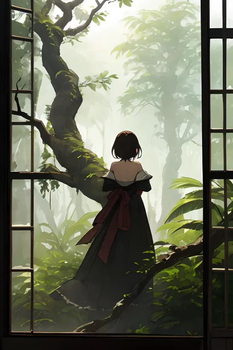 Akiki and glass windows created images、outside the window there is a tree with slightly charred branches,、Brazilian rainforest in the background.、Female back view