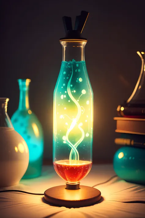 a retro lava lamp with teal and clear liquid, set on a vintage end table, with small colorful party lanterns strung in the background, during night time