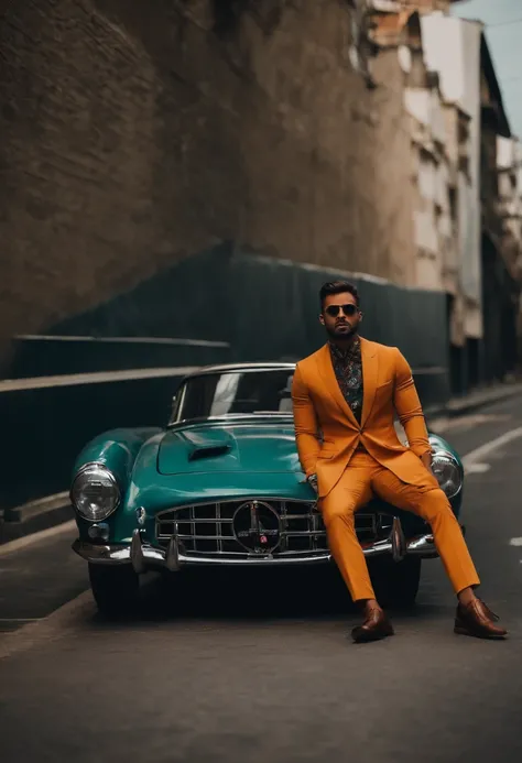 homem com carro de luxo ,bem vestido com relogio e oculos escuros,terno, em um cenario urbano