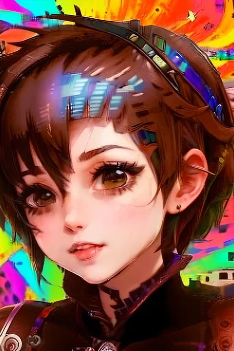 (1 Adult female), A high resolution, Sharp focus, Pixiv masterpiece, ((Complicated details)), highly detailed, Brown Pixie Haircut, scene core, vibrant glitchcore