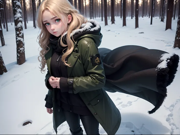 realistic, 8k image of a 15 year old girl, curly blonde hair, gorgeous, extremely detailed green eyes, dressed in a black coat and black pants, sad expression, standing in a clearing in a snow-covered forest, pure expression, Morning , Anime style art