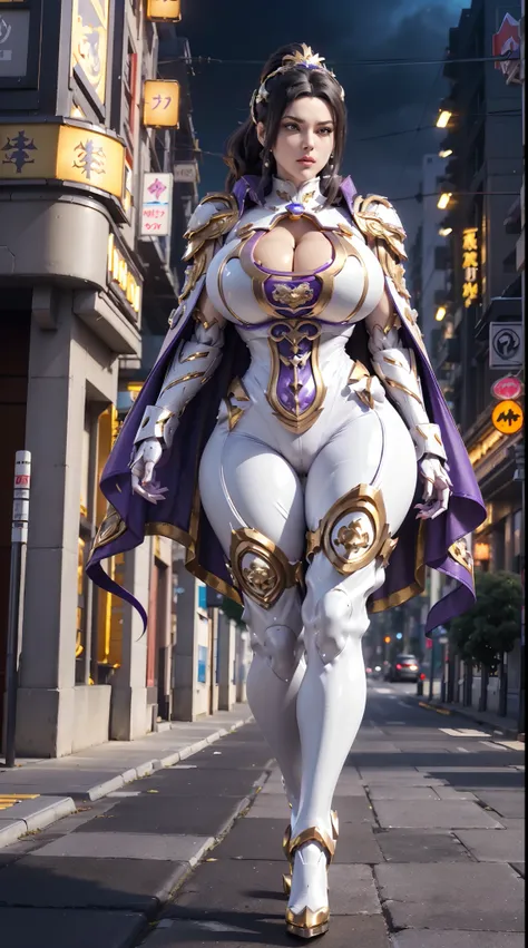 1GIRL, SOLO, (makeup, beautifull eyes, black ponytail hair, gold ornament hair), (BUSTY HUGE FAKE BOOBS:1.3), (GUARD ARM, GLOVE), IMMORTAL, (white, purple, gold, FUTURISTIC DRAGON MECHA ARMOR SUIT, ROYAL CAPE, CLEAVAGE, SKINTIGHT YOGA HOTPANTS, HIGH HEELS:...
