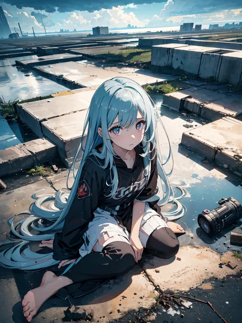 A beautiful girl with dirty skin, messy long hair, big eyes with dark circles, drugged, dilated pupils, destroyed clothes, sitting on the floor with puddles of water, broken walls, sky with dark rain clouds, {unity wallpaper Extremely detailed 8k CG}, expa...