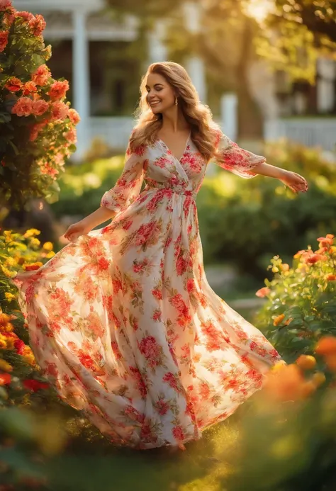 Create an image of the model in a sunlit garden, surrounded by vibrant flowers. She wears a flowing, floral-print summer dress that billows in the breeze. The sunlight highlights the warmth of her smile as she gracefully twirls, capturing a moment of caref...