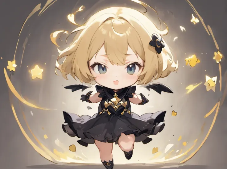 ((Chibi、Mini、Blunt bangs、Ash Gold Hair、a short bob、discreet breasts、Intricate Gothic décor、Black and white gothic dress)):1.5、full body Esbian、Concept sheet、masuter piece、超A high resolution、Looking at the camera、Angle from above、jumpping、dash、acrobatic pos...