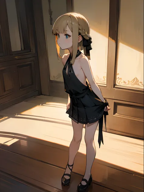 Reines, 1girl, high quality, best quality, illustration, masterpiece, (highly detailed:1.2), (extremely detailed:1.3), halter neck shirt, sleeveless shirt, backless, young girl, string ribbon, mini skirt, full body, braid, petite, loli, in a house