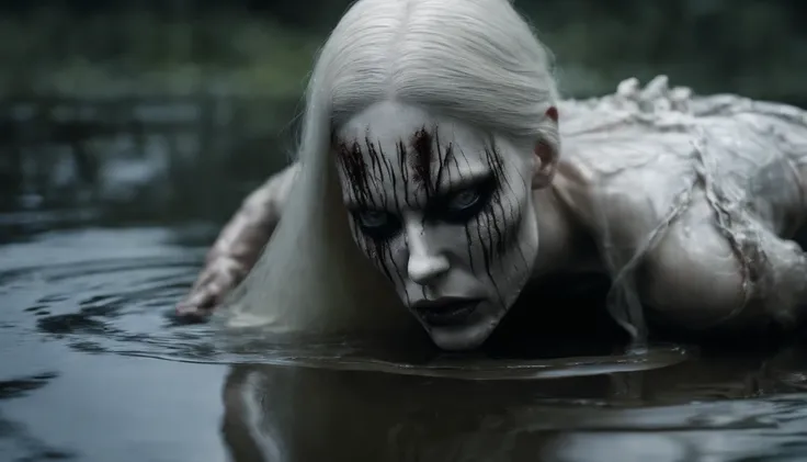 half body shot, hyper realistic photograph in a swamp, demon woman, iridescent skin, skin that looks like glass, white albino  python body moving in the water,