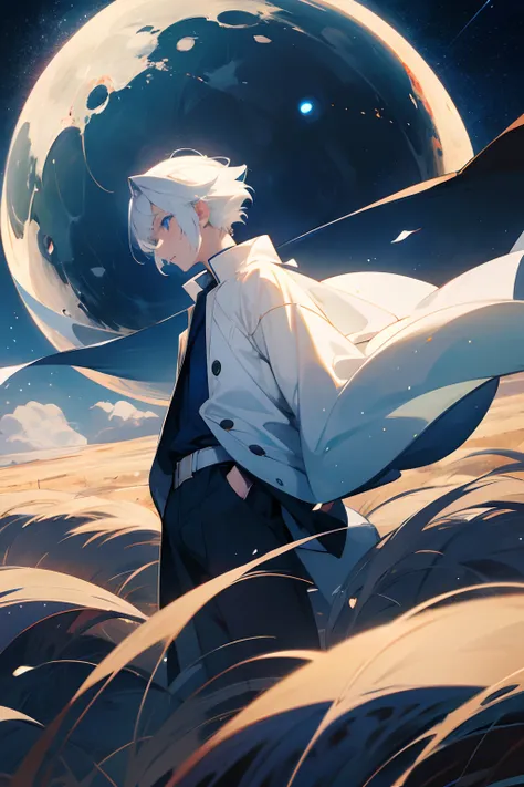 anime boy, white hair, anime, 4k, best quality, with blue eyes, tender, in a landscape of a starry night and the moon can be seen in the background