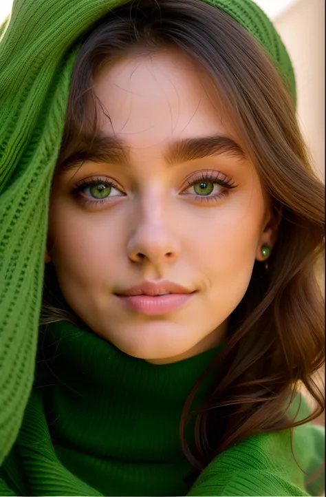 A close-up of a woman in a green sweater looking at the camera, portrait sophie mudd, wearing a green sweater, Cardigan, model photo, Julia Salda, 2 4 year old female model, pictured from the shoulders up, Gal Gadot and Tribours, casual green clothing, pho...