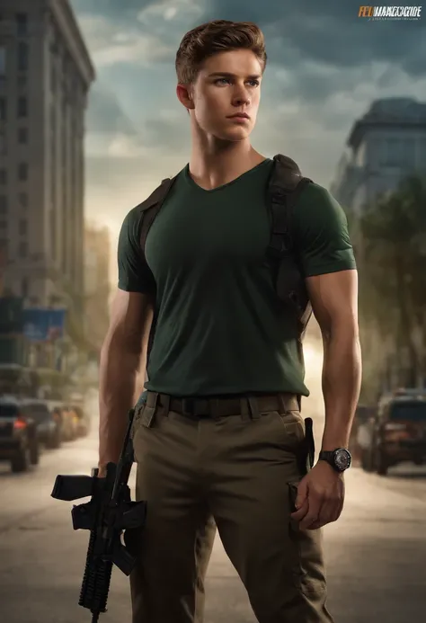 (deep focus,highres:1.2),(realistic:1.37) portrait,Dean,17 years old,FBI agent,weapon specialist,slightly serious expression,brown hair,green eyes,strong physique,full-body shot,working out,male,professional lighting