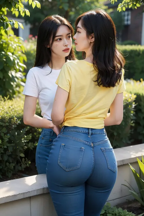 Two beauties wearing skinny jeans，Yellow T-shirt，Plump buttocks，The back is charming，on the garden