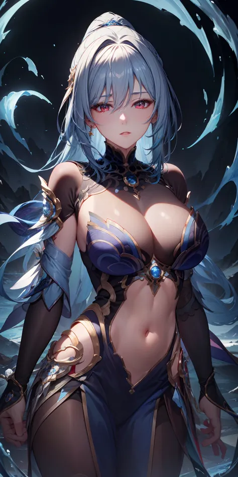 8k, highres, ultra detailed, (masterpiece:1.4), masterpiece*portrait, jingliu, blue hair, red eyes, lustrous skin, solo, embarassed, (midriff),