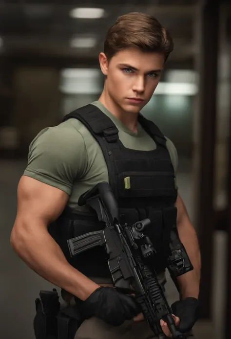 deep focus,highres:1.2),(realistic:1.37) portrait,Dean,17 years old,FBI agent,weapon specialist,slightly serious expression,brown hair,green eyes,strong physique,full-body shot,working out,male,professional lighting. And bekah 16 fbi profiler and tech spec...