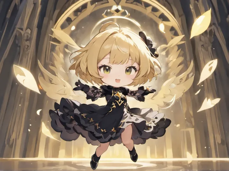 ((Chibi、Mini、Blunt bangs、Ash Gold Hair、a short bob、discreet breasts、Intricate Gothic décor、Black and white gothic dress)):1.5、full body Esbian、Concept sheet、masuter piece、超A high resolution、Looking at the camera、Angle from below、jumpping、dash、acrobatic pos...