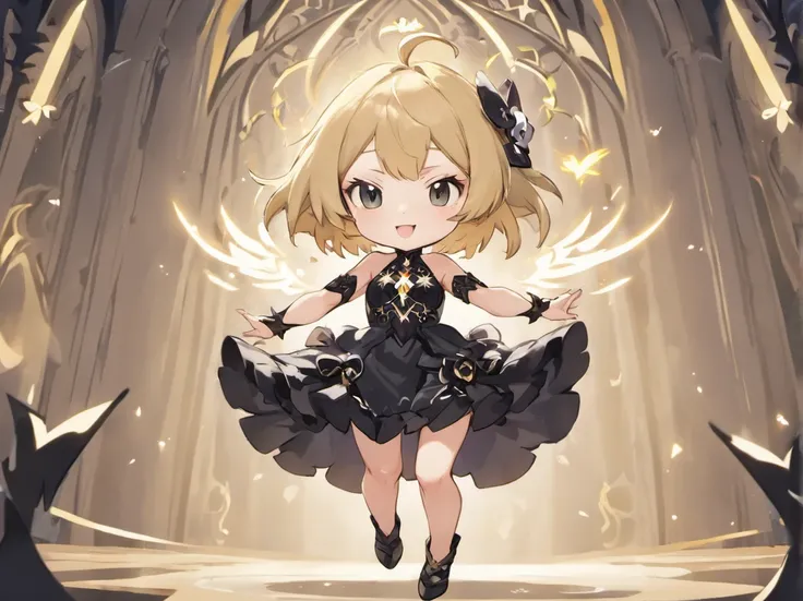 ((Chibi、Mini、Blunt bangs、Ash Gold Hair、a short bob、discreet breasts、Intricate Gothic décor、Black and white gothic dress)):1.5、full body Esbian、Concept sheet、masuter piece、超A high resolution、Looking at the camera、Angle from below、jumpping、dash、acrobatic pos...