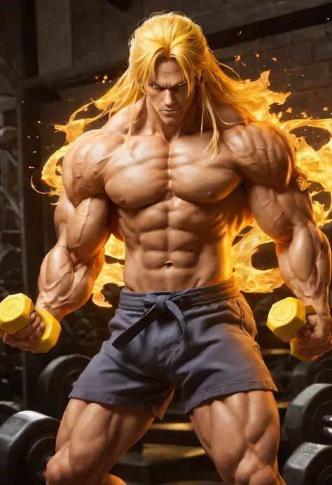 masterpiece,best quality,highres,Ken from street figher,bara,lifting dumbbells,naked,sitting ,erected big vein, fire around hands ,full of masculinity,manly,mature,handsome,huge,muscular,strong,in gym, street fighter, ken with long yellow hair (sf), nsfw