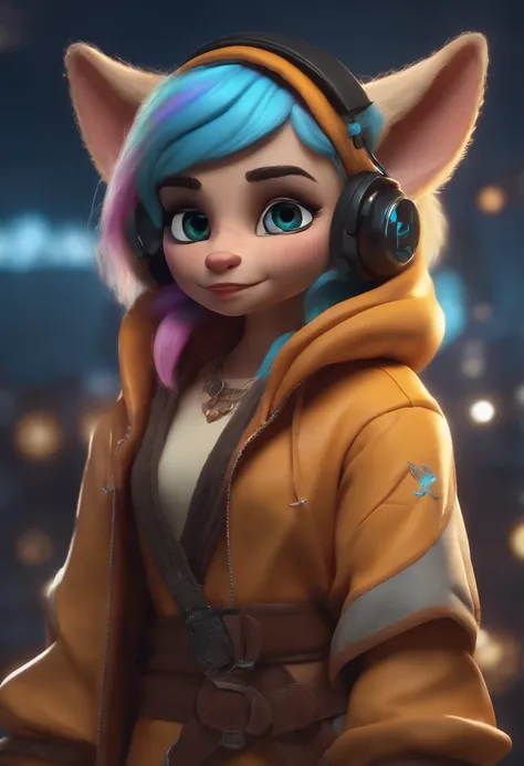 halfling monk female furry with blu eyes (8k high res) (busling city) night, moon light, Furry, Furry female, female focus, hyper focused, security company, wearing headphones and a jacket with rainbow hair, character who is a little scary Hacker, Badass, ...