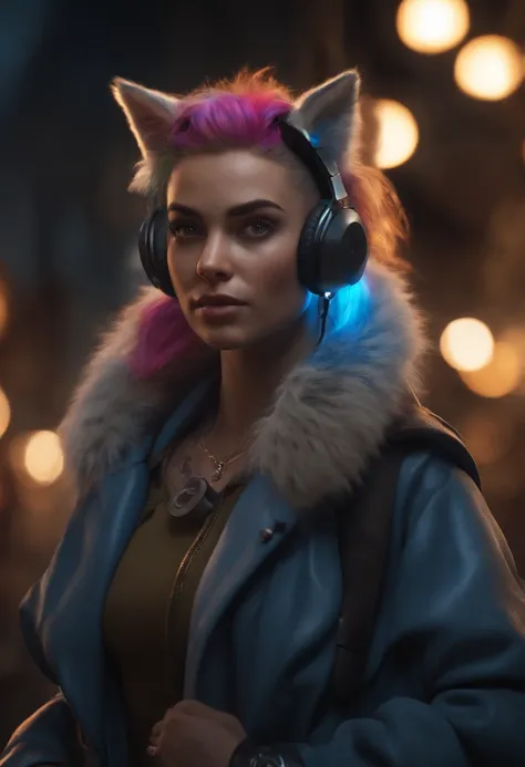 halfling monk female furry with blu eyes (8k high res) (busling city) night, moon light, Furry, Furry female, female focus, hyper focused, security company, wearing headphones and a jacket with rainbow hair, character who is a little scary Hacker, Badass, ...