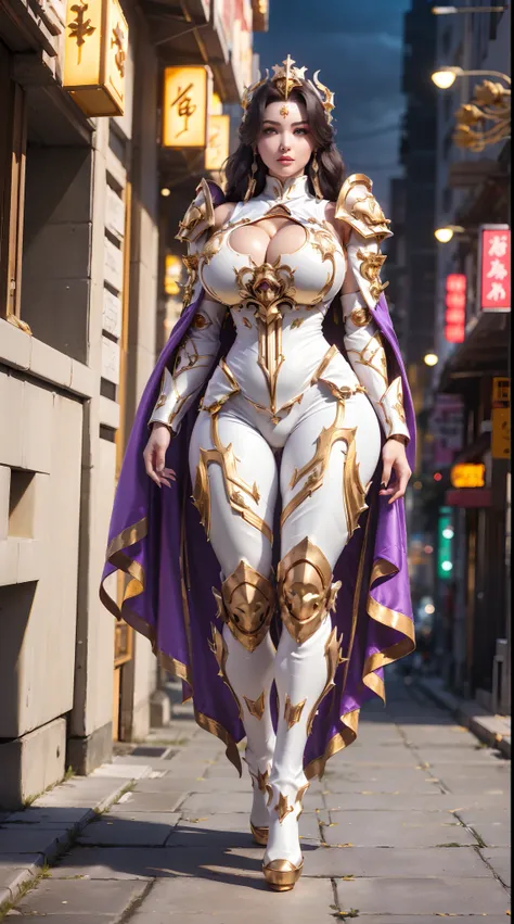 1GIRL, SOLO, (makeup, beautifull eyes, red libs, black hair, gold ornament hair), (BUSTY HUGE FAKE BOOBS:1.3), (GUARD ARM, GLOVE), IMMORTAL, (white, purple, gold, FUTURISTIC DRAGON MECHA ARMOR SUIT, ROYAL CAPE, CLEAVAGE, SKINTIGHT YOGA PANTS, HIGH HEELS:1....