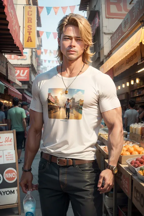 A man resembling Brad Pitt stands in the bustling marketplace of Divisoria, holding a refreshing ice-cold drink. His relaxed demeanor and casual attire blend with the vibrant surroundings, creating a sense of effortless cool. The scene is bathed in warm su...