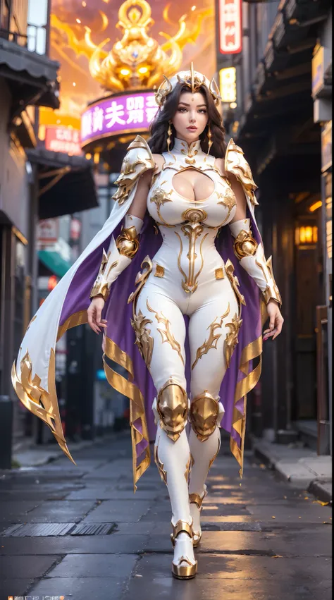 1GIRL, SOLO, (makeup, beautifull eyes, red libs, black hair, gold ornament hair), (BUSTY HUGE FAKE BOOBS:1.3), (GUARD ARM, GLOVE), IMMORTAL, (white, purple, gold, FUTURISTIC DRAGON MECHA ARMOR SUIT, ROYAL CAPE, CLEAVAGE, SKINTIGHT YOGA PANTS, HIGH HEELS:1....