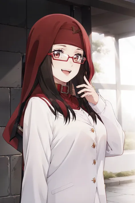 1girl, masterpice, high quality, best quality, good anime picture, misaki, ((school uniform)), ((jacket)), glasses, ((collar)), hair ornament, upper body, medium breasts, dynamic light and shadows, smile, open mouth, (red hijab:1.4)