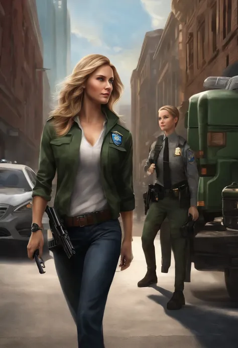 (best quality,ultra-detailed,realistic:1.37),professional,portrait,illustration,blond hair,blue eyes,brown hair,green eyes,female,brown hair,teenager, FBI profiler,FBI agent,tech specialist,weapons specialist,partners,full body (Together)