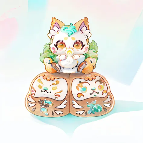 There is a painting，A cat sits on a pair of damos, kitten sandwish, Kawaii cat, Cute detailed digital art, cute colorful adorable, plushies, lovely art style, anime cat, cute artwork, cat seahorse fursona, cute detailed artwork, low res, Detailed fanart, C...