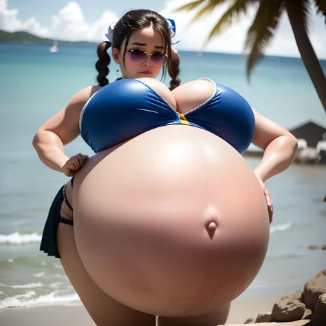 pigtails hairstyle, brown hair,Big Baby Bump pregnant,blue bra and skirt l, Big boobs, nipple, cum,16 years girl, Big pregnant Belly, Big Pregnant girl, Largest Belly of Pregnant, Huge Pregnancy Belly, huge 9 months Pregnancy Belly, background beach, big b...