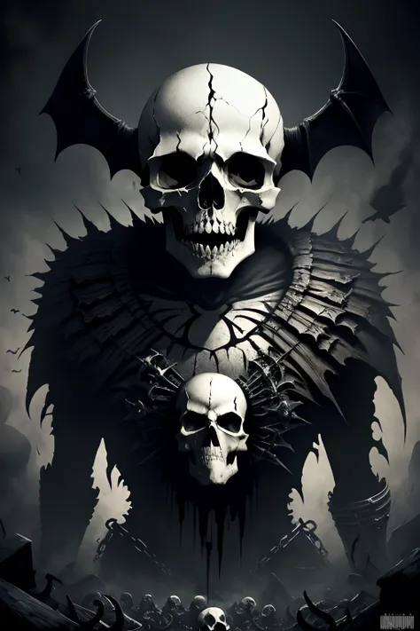 skull, dark, death bat, metal album cover, skeletons, screaming