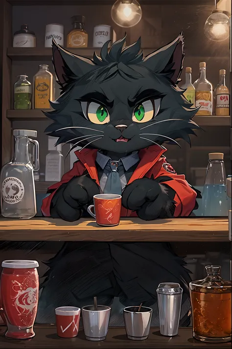 anthropormorphic furry black cat with black neck tuff, green cat eyes, grey upper lip mouth, black fuzzy hair on top of his head, wearing a red jacket and black jeans, holding a cup being a bartender on a bar that he owns