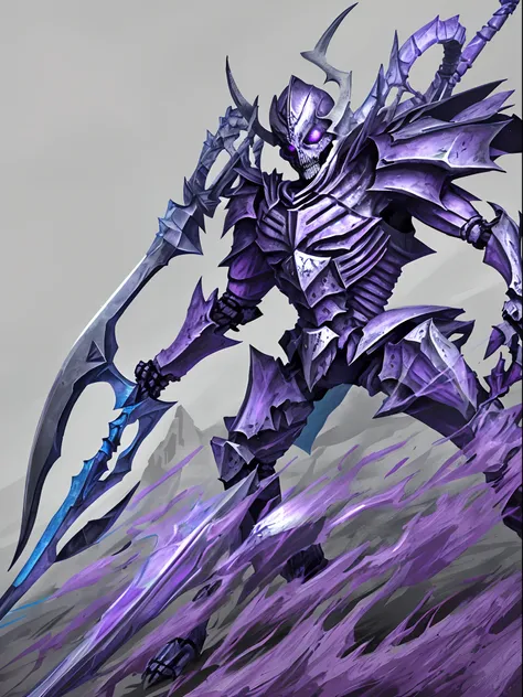 skeleton warrior in Falmer armor with purple, silver and blue colors and more scary and realistic features and a halberd in his hand fighting a dragon zumby with frostbreath (I want you to act as a skeleton warrior and you will be able to use the halberds ...